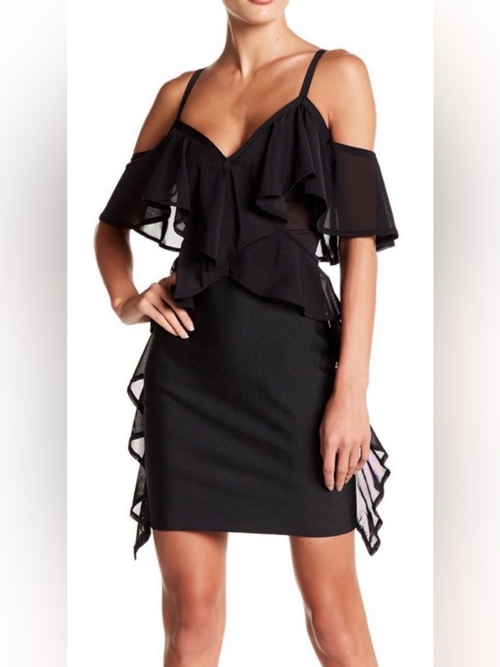 WOW Couture Black Sheer Ruffle Bodycon Dress Size Large Cold Shoulder Mesh